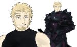  1boy armor bara black_armor blonde_hair cross_scar facial_hair goatee goburin_second highres knight looking_at_viewer male_focus mature_male multiple_views muscular muscular_male mutton_chops original scar scar_on_face scar_on_forehead short_hair thick_eyebrows upper_body 
