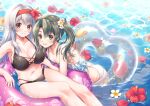  2girls alternate_costume bare_arms bare_legs bare_shoulders bikini black_bikini blue_bikini blush breasts brown_eyes cleavage closed_mouth collarbone comiket_102 commentary_request flower green_eyes green_hair grey_hair grin hair_between_eyes hair_flower hair_ornament halterneck headband heart-shaped_innertube hibiscus innertube kantai_collection large_breasts long_hair looking_at_viewer minakami_nagara multiple_girls navel ocean on_innertube outdoors partially_submerged pink_flower pink_innertube red_flower red_headband shoukaku_(kancolle) small_breasts smile swimsuit transparent_innertube twintails two-tone_bikini water wet white_bikini yellow_eyes zuikaku_(kancolle) 