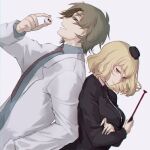  1boy 1girl :d absurdres back-to-back black_headwear black_jacket black_necktie blonde_hair blue_shirt bob_cut brown_eyes brown_necktie cathy_(satsuriku_no_tenshi) closed_mouth collared_shirt crossed_arms danny_(satsuriku_no_tenshi) eyeball glasses hair_between_eyes hand_in_pocket hat highres holding_eye holding_riding_crop jacket lab_coat lapels long_sleeves looking_at_viewer mini_hat necktie notched_lapels parted_bangs pink_lips profile qianlilingjiang satsuriku_no_tenshi shirt short_hair sideways_glance simple_background smile upper_body white_background white_shirt 