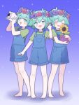  3boys barefoot basil_(omori) blue_overalls blush camera closed_eyes flower green_eyes green_hair green_shirt hatoba_(hatoba_yado) head_wreath highres holding holding_camera holding_flower_pot looking_at_viewer multiple_boys omori open_mouth overall_shorts overalls plant potted_plant shirt short_hair short_sleeves smile 