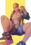  1boy abs artist_name bara bare_pectorals black_footwear black_hair black_jacket blue_eyes blue_shorts blush dark-skinned_male dark_skin evinist highres jacket large_pectorals male_focus muscular muscular_male navel nipples open_clothes open_jacket orange_shorts pectorals pokemon pokemon_(game) pokemon_swsh raihan_(pokemon) short_hair shorts simple_background smile solo teeth thick_thighs thighs two-tone_shorts 