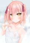  1girl ahoge bare_arms bare_shoulders blush brown_eyes camisole closed_mouth collarbone commentary_request hair_between_eyes hair_ribbon hand_up highres hijouguti original pink_hair purple_ribbon ribbon see-through solo two_side_up wet wet_clothes white_camisole 