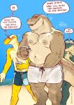  2023 5_fingers anthro banana_da_boi beach beverage blush claws clothing dan_(serex) digital_drawing_(artwork) digital_media_(artwork) dinosaur emanata english_text finger_claws fingers french_text hi_res holding_beverage holding_object louis_(serex) male muscular muscular_anthro muscular_male navel nipples outside reptile scalie sea seaside sky speech_bubble standing swimming_trunks swimwear teeth text translated water 