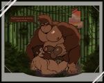  2023 anthro ape balls bamboo barazoku belly biceps brown_body brown_fur crouching donkey_kong_(character) donkey_kong_(series) duo erection facial_hair fondling fur genitals gorilla haplorhine head_tuft hi_res holding_balls human imminent_anal imminent_sex johnarthur0 larger_anthro larger_male male male/male mammal mario mario_bros moobs musclegut muscular muscular_male mustache narrowed_eyes nintendo nipples penis penis_size_difference plant primate size_difference smaller_human smaller_male tuft 