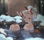  1girl animal bath bathing blurry blurry_background bow breasts closed_mouth collarbone completely_nude hair_bow hair_ornament hair_stick looking_at_viewer medium_breasts nude onsen oto1_030 outdoors partially_submerged purah red_eyes rock short_hair sidelocks smile snow snowing solo steam the_legend_of_zelda the_legend_of_zelda:_tears_of_the_kingdom towel water wet white_hair 