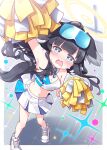  1girl animal_ears arm_up armpits bare_shoulders black_hair blue_archive blush breasts cheerleader cleavage commentary_request dog_ears dog_girl dog_tail goggles goggles_on_head grey_eyes halo harada_(sansei_rain) hibiki_(blue_archive) hibiki_(cheer_squad)_(blue_archive) highres medium_breasts millennium_cheerleader_outfit_(blue_archive) official_alternate_costume open_mouth pleated_skirt pom_pom_(cheerleading) shoes skirt solo standing star_(symbol) tail tears wavy_mouth white_footwear white_skirt 