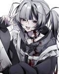 1girl 402_(o0_xxx) :d absurdres apron arm_up black_collar black_eyes blood blood_on_clothes blood_on_face blunt_bangs blush collar fangs fingernails grey_hair highres holding holding_knife holding_weapon hood hoodie knife long_eyelashes long_fingernails long_hair long_sleeves mole mole_under_eye multicolored_hair open_mouth original sharp_fingernails sidelocks simple_background sleeves_past_wrists smile solo spiked_collar spikes strap_slip streaked_hair twintails upper_body victory weapon white_apron white_background white_nails 