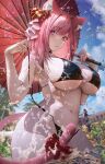  1girl animal_ears bare_shoulders bikini black_bikini blush bow breasts day hair_bow highres holding holding_umbrella indie_virtual_youtuber large_breasts long_hair looking_at_viewer medium_bangs nanaken_nana outdoors pink_hair pink_tail purple_eyes revision slit_pupils smile solo strap_pull swimsuit sword tail tail_bow tail_ornament tenshouin_himeno umbrella virtual_youtuber wading water_drop weapon wet 