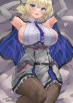  1girl blonde_hair blue_eyes blue_necktie braid breasts capelet colorado_(kancolle) dress elbow_gloves garrison_cap gloves hat headgear highres kantai_collection large_breasts mizuta_kenji necktie open_mouth pantyhose shirt short_hair side_braids sideboob sleeveless solo white_shirt 