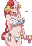  1girl aosora2823 artist_name bikini blue_bikini blush breasts closed_mouth commentary_request hair_over_one_eye highres large_breasts long_hair multicolored_hair navel one_piece purple_eyes red_hair side-tie_bikini_bottom simple_background solo striped striped_bikini swimsuit twintails two-tone_hair uta_(one_piece) white_background white_hair 