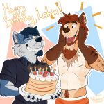  allister_smith_(woopaws) anthro beard birthday cake canid canine canis clothing colorful coyote dessert duo eyewear facial_hair food fruit glasses happy happy_birthday hi_res invalid_color lobix lobixart male male/male mammal plant shirt smile strawberry t-shirt topwear wolf woopaws 