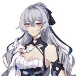  1girl bare_shoulders black_ribbon breasts bronya_zaychik cleavage commentary_request cross cross_earrings dress earrings eyebrows_hidden_by_hair grey_eyes grey_hair hair_ribbon highres honkai_(series) honkai_impact_3rd jewelry kucen_(kkucenn) latin_cross long_hair medium_breasts ponytail ribbon signature simple_background solo upper_body white_background white_dress 