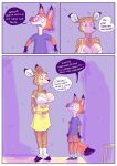  anthro big_breasts black_eyes bottomwear bra breasts canid canine clothing comic deer dress duo female fox hi_res male mammal renita_reed scared shirt shorts smile spanish_text tail text topwear underwear 
