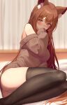  1girl absurdres animal_ear_fluff animal_ears ass black_thighhighs blurry blurry_background blush breasts brown_eyes brown_hair brown_sweater commission covered_mouth curtains embarrassed eyelashes feet_out_of_frame hair_between_eyes half-closed_eyes hand_to_own_mouth hand_up highres indoors legs legs_together long_hair long_sleeves looking_at_viewer medium_breasts nametarou_(meron) no_pants off-shoulder_sweater off_shoulder original panties pantyshot single_bare_shoulder sitting skeb_commission sleeves_past_fingers sleeves_past_wrists solo straight_hair sweater thighhighs thighs underwear very_long_hair white_panties yokozuwari 