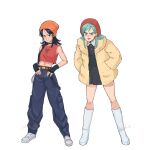  2girls absurdres aged_up black_choker black_hair boots bra_(dragon_ball) chain choker commentary cropped_shirt dragon_ball dragon_ball_super english_commentary fingerless_gloves fur_coat gloves hands_in_pockets hat highres jenxd_d knee_boots medium_hair midriff multiple_girls pan_(dragon_ball) shirt signature skirt sleeveless sleeveless_shirt suspenders suspenders_slip white_background white_footwear 