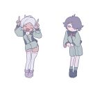  1boy 1girl chibi dancing dark-skinned_female dark_skin full_body gundam gundam_suisei_no_majo hair_over_one_eye pakimoti rouji_chante shoes shorts simple_background smile white_background 