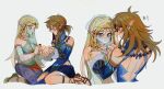  1boy 1girl adjusting_another&#039;s_hair arabian_clothes back_cutout bare_shoulders blonde_hair blue_eyes blue_nails blush braiding_hair bridal_gauntlets chinese_commentary chinese_text clothing_cutout detached_sleeves earrings frostbite_set_(zelda) gerudo_set_(zelda) green_eyes hair_between_eyes hair_tie hair_undone hairdressing hetero highres holding_another&#039;s_hair holding_hair_tie jewelry link long_hair looking_at_another messy_hair midriff mouth_veil multiple_views nail_polish navel official_alternate_costume open_mouth painting_nails pointy_ears ponytail princess_zelda sandals scar scar_on_arm scar_on_back scar_on_hand scar_on_leg scar_on_shoulders seiza shuo_yue sideways_glance simple_background sitting smile sweat the_legend_of_zelda the_legend_of_zelda:_breath_of_the_wild the_legend_of_zelda:_tears_of_the_kingdom too_many_scars veil white_background 