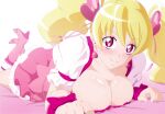  1girl blonde_hair boots breasts cleavage closed_mouth collarbone cure_peach earrings fresh_precure! fuchi_(nightmare) hair_ornament heart heart_earrings heart_hair_ornament high_heel_boots high_heels jewelry knee_boots large_breasts light_blush long_hair looking_at_viewer lying magical_girl momozono_love on_stomach pink_eyes pink_footwear precure puffy_short_sleeves puffy_sleeves short_sleeves smile solo twintails 