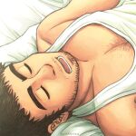  1boy afro bara beard chest_hair dark-skinned_male dark_skin dolrit_(kusakyuu) facial_hair from_above kusakyuu long_sideburns lying male_focus mature_male muscular muscular_male mustache_stubble on_back on_bed open_mouth original pectoral_cleavage pectorals short_hair sideburns sleeping solo stubble sunlight tank_top thick_eyebrows upper_body white_tank_top 