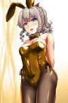  1girl absurdres animal_ears arms_behind_back bare_shoulders black_pantyhose blue_eyes blush breasts cleavage detached_collar drill_hair fake_animal_ears gold_bowtie gold_leotard hair_ribbon hatakaze_(kancolle) highleg highleg_leotard highres kantai_collection large_breasts leotard light_brown_hair looking_at_viewer medium_hair open_mouth pantyhose playboy_bunny ponytail rabbit_ears red_ribbon ribbon simple_background solo strapless strapless_leotard tareme yellow_quokka 
