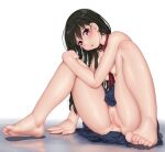  1girl barefoot black_hair breasts censored dd_(ijigendd) highres large_breasts mosaic_censoring necktie no_panties open_mouth original pussy red_eyes red_necktie sitting skirt solo topless 