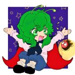  1girl :d antennae bangs black_cape black_footwear blue_shorts blush bobotatamu bug cape commentary_request firefly frilled_shorts frilled_sleeves frills full_body green_eyes green_hair long_sleeves medium_hair open_mouth red_cape shirt shoes shorts smile socks solo star_(symbol) touhou two-sided_cape two-sided_fabric v-shaped_eyebrows white_shirt white_socks wriggle_nightbug 