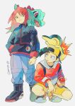  2boys amaya_uw backwards_hat black_footwear black_jacket black_shirt boots commentary_request cyndaquil ethan_(pokemon) frown hat highres holding holding_poke_ball jacket long_hair long_sleeves looking_down male_focus multiple_boys on_head pants poke_ball poke_ball_(basic) pokemon pokemon_(creature) pokemon_(game) pokemon_gsc pokemon_on_head red_eyes red_hair red_jacket shirt shoes shorts silver_(pokemon) squatting totodile twitter_username white_background yellow_shorts 
