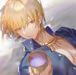  1boy blonde_hair blue_shirt collared_shirt cup earrings fate/grand_order fate_(series) gilgamesh_(caster)_(fate) gilgamesh_(establishment)_(fate) gilgamesh_(fate) holding holding_cup jewelry kiki7 looking_at_viewer male_focus necklace on_ground open_clothes open_shirt parted_lips red_eyes shirt short_hair solo 