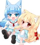  2girls :d animal_ear_fluff animal_ears blonde_hair blue_eyes blue_hair blue_sailor_collar blue_skirt bow brown_footwear brown_pantyhose cat_ears cat_girl cat_tail chibi closed_mouth commentary_request hair_between_eyes hair_bow kanijiru loafers long_hair looking_at_viewer looking_to_the_side multiple_girls original pantyhose pleated_skirt purple_bow red_eyes red_ribbon ribbon sailor_collar school_uniform serafuku shirt shoe_soles shoes short_sleeves signature simple_background sitting skirt smile socks tail tail_ornament tail_ribbon very_long_hair white_background white_shirt white_socks 