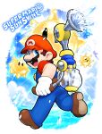  1boy belt blue_eyes blue_overalls brown_footwear copyright_name f.l.u.d.d. facial_hair full_body gloves happy hat highres hoshi_(star-name2000) mario mario_(series) mustache overalls red_headwear shine_sprite sky smile spraying super_mario_sunshine water 