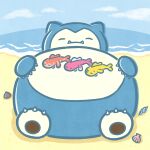 absurdres beach closed_eyes highres no_humans official_art one_eye_closed pokemon pokemon_(creature) seashell shell sky snorlax sweatdrop tatsugiri tatsugiri_(curly) tatsugiri_(droopy) tatsugiri_(stretchy) water 