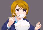  1girl a1 bowl brown_hair chopsticks commentary eating english_commentary grey_background holding holding_chopsticks koizumi_hanayo love_live! love_live!_school_idol_project open_mouth purple_eyes rice short_hair simple_background solo 