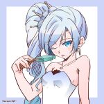  1girl artist_name bare_shoulders blue_background blue_eyes breasts dress earrings food food_on_face hair_ornament jewelry long_hair meimeimo_rwby multicolored_background necklace one_eye_closed ponytail popsicle rwby scar scar_across_eye small_breasts solo strapless strapless_dress tiara tongue tongue_out weiss_schnee white_background white_dress white_hair 