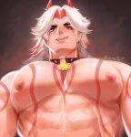  1boy absurdres alternate_muscle_size alternate_pectoral_size arataki_itto bara blush body_markings bodypaint collar forked_eyebrows from_below genshin_impact highres horns large_pectorals long_hair male_focus muscular muscular_male necklace_between_pecs nipples nude oni oni_horns pectoral_focus pectorals red_eyes red_horns smug solo upper_body varant_art white_hair 