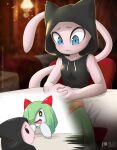  anthro black_clothing blue_eyes clothing duo female female/female fur generation_1_pokemon generation_3_pokemon green_hair hair hi_res kirlia legendary_pokemon mew_(pokemon) nintendo pink_body pink_fur pokemon pokemon_(species) rilex_lenov tail under_table white_body yui_(rilex_lenov) 