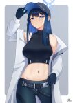  1girl adjusting_clothes adjusting_headwear arm_up bare_shoulders baseball_cap belt black_belt black_headwear blue_archive blue_eyes blue_gloves blue_hair blue_pants breasts coat commentary_request cowboy_shot crop_top gloves hat highres large_breasts leggings long_hair long_sleeves looking_at_viewer midriff navel off_shoulder open_clothes open_coat pants saori_(blue_archive) solo standing stomach thighs white_coat xsan_vanny 