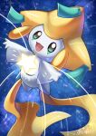  :d absurdres aiai_(mtkw2488) blue_background commentary_request green_eyes happy highres jirachi looking_at_viewer no_humans open_mouth pokemon pokemon_(creature) signature smile solo sparkle tongue 