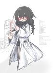  1girl black_hair braid brown_eyes coat english_text glasses hair_between_eyes highres holding holding_instrument instrument long_hair long_sleeves null-meta open_mouth otamatone red-framed_eyewear reitoubeef simple_background sketch solo souen_chiaki twin_braids white_background white_coat 