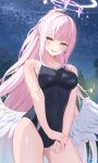  1girl :d angel_wings blue_archive breasts covered_navel cowboy_shot halo highres lamppost long_hair looking_at_viewer low_wings medium_breasts mika_(blue_archive) night night_sky norio_(noriosub) one-piece_swimsuit open_mouth pink_hair sky smile solo star_(sky) starry_sky swimsuit tree very_long_hair white_wings wings yellow_eyes 