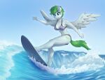  2023 absurd_res anthro bikini blue_body blue_eyes blue_fur breasts butt clothing collarbone cutie_mark dandy_(artist) equid equine eyebrows eyelashes fan_character feathered_wings feathers female freckles fur glistening glistening_body green_hair green_tail hair hasbro hi_res inner_ear_fluff mammal my_little_pony navel outside pattern_bikini pattern_clothing pattern_swimwear pegasus sea short_hair smile solo surfboard surfing swimwear tail tuft water wet wings 