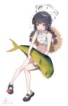  1girl absurdres ahoge animal bikini black_hair blue_archive blush braid crocs cyan_yu dated fish flat_chest flying_sweatdrops full_body halo hat hat_around_neck highres holding holding_animal holding_fish invisible_chair leaf leaf_on_head leaf_print long_hair looking_at_viewer mahi-mahi miyu_(blue_archive) miyu_(swimsuit)_(blue_archive) open_mouth red_eyes signature simple_background sitting solo starfish straw_hat sweat swimsuit tears twin_braids white_background 