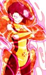  1girl armor_(x-men) belt black_bodysuit black_hair blue_eyes bodysuit crossed_arms energy floating_hair gloves hair_behind_ear highres marvel parted_lips smirk solo thejg two-tone_bodysuit v-shaped_eyebrows white_background x-men x-men_(anime) yellow_belt yellow_bodysuit yellow_gloves 