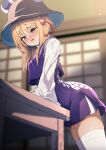  1girl absurdres arched_back blonde_hair blush breasts brown_headwear clothed_masturbation commentary_request crotch_rub d: darumoon female_masturbation furrowed_brow hair_ribbon half-closed_eyes hat high-waist_skirt highres horizontal_pupils indoors long_hair long_sleeves looking_ahead masturbation masturbation_through_clothes miniskirt moriya_suwako nose_blush open_mouth parted_bangs purple_skirt purple_vest pussy_juice pussy_juice_stain red_ribbon ribbon skirt skirt_set small_breasts solo table table_sex teeth thighhighs thighs touhou upper_teeth_only vest white_thighhighs wide_sleeves 