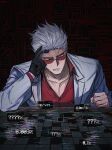  1boy ? absurdres akagi:_yami_ni_oritatta_tensai black_gloves buttons circuit_board clenched_hand clenched_teeth collared_shirt commentary_request dated_commentary fingernails fukumoto_mahjong glasses glitch gloves hair_slicked_back hand_on_own_head highres hirayama_yukio jacket long_sleeves looking_down male_focus nervous percentage red-tinted_eyewear red_eyes red_shirt shirt short_hair single_glove solo ssom_omo striped striped_jacket sweat teeth tinted_eyewear upper_body v-shaped_eyebrows vertical-striped_jacket vertical_stripes white_hair white_jacket 