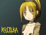  1girl beeru_(veil8801) black_hairband blonde_hair breasts character_name choker cleavage closed_mouth collarbone copyright_name hairband koudelka koudelka_(character) lips looking_at_viewer short_hair simple_background smile solo yellow_eyes 