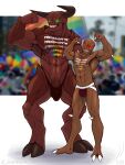  anthro armor_plates baron_of_hell biceps bulge clothing demon doom_(series) duo flexing genitals glowing glowing_eyes hi_res horn id_software imp iudicium86 jockstrap lgbt_pride male male/male muscular penis pride_colors spikes stretched_underwear thong underwear vein veiny_penis 