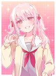  1other akiyama_mizuki blush brown_jacket collarbone grey_shirt grin hair_between_eyes hair_ribbon head_tilt highres jacket long_hair long_sleeves looking_at_viewer neckerchief open_clothes open_jacket other_focus pink_hair project_sekai puffy_long_sleeves puffy_sleeves red_eyes red_neckerchief red_ribbon ribbon sailor_collar school_uniform serafuku shirt smile solo sorimachi-doufu twintails upper_body white_sailor_collar 