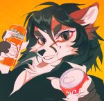  anthro beverage black_clothing black_hair black_topwear brown_eyes bust_portrait can cheek_tuft chest_tuft clothed clothing container facial_tuft fangs female fur glistening glistening_eyes hair hi_res holding_beverage holding_can holding_container holding_object looking_at_viewer orange_body orange_fur portrait red_body red_fur solo teeth topwear tuft unknowhiter 