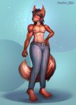  2023 absurd_res anthro blue_eyes bottomwear breasts brown_hair canid canine clothed clothing denim denim_clothing digital_media_(artwork) fluffy fluffy_tail fox fox_tail fur hair hi_res jeans looking_at_viewer male mammal nipples pants red_body scarlet_side simple_background solo tail 