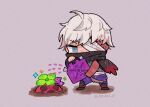  1boy bandage_over_one_eye black_footwear black_scarf chibi deadcraft doradorakingyo gardening gasoline grey_background male_focus pants purple_pants reid_(deadcraft) scarf scarf_over_mouth short_hair simple_background sparkle watering white_hair zombie 